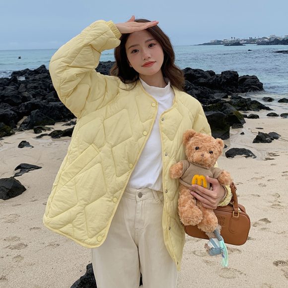 Korean Style Down Cotton Jacket Women's Short Light Round Neck - Image 3