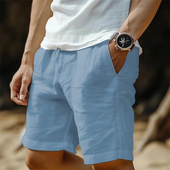 Men's Cotton And Linen Pocket Drawstring Elastic Waist Shorts - Image 4