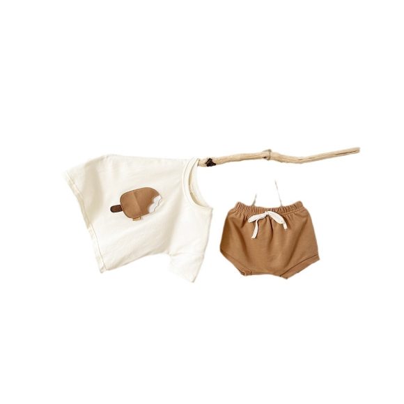 Girls' Casual Round Neck Cotton Ice Cream Patch Short Sleeve Shorts Suit - Image 3