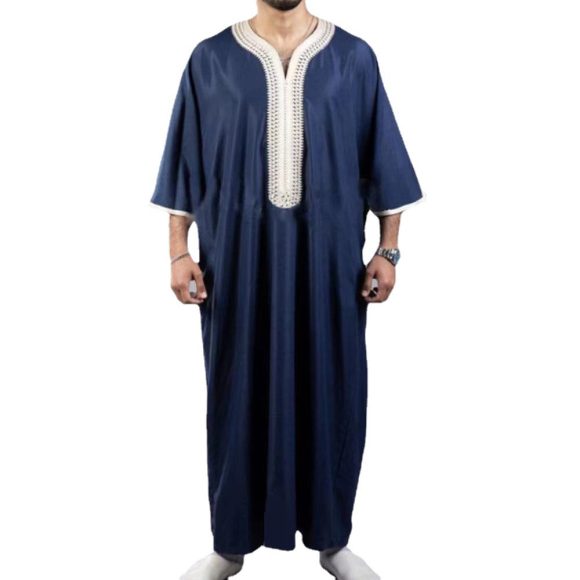 Arabic Robe Mid Short Sleeve Embroidered Navy Blue Men - Image 3