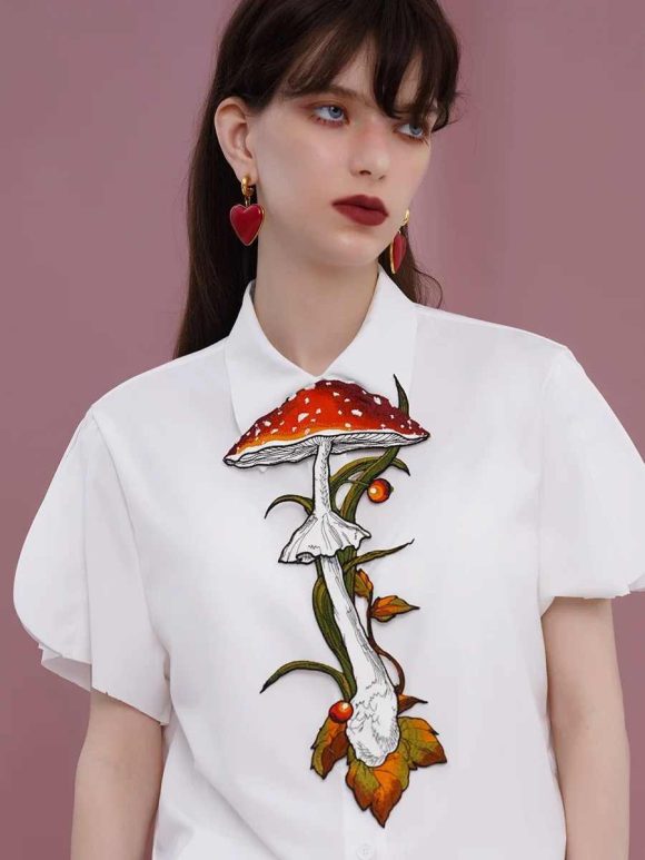 Knotless Machine Embroidery Vintage Mushroom Berry Tie For Women - Image 5