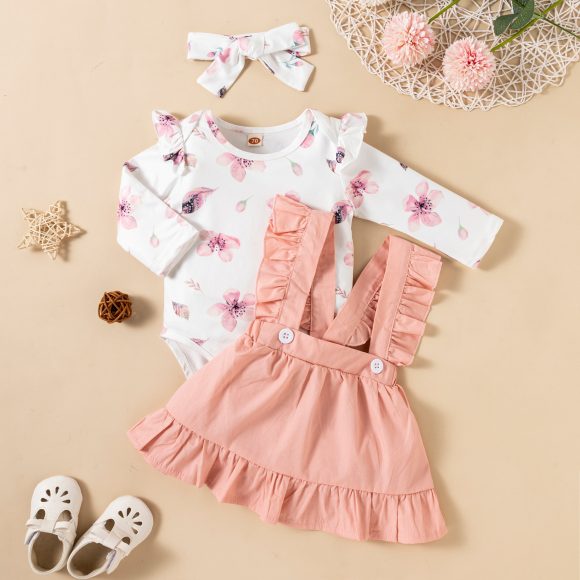 Printed Long-sleeved Baby Girl Romper Two-color Strap Ruffled Dress Headdress Three Pieces - Image 4