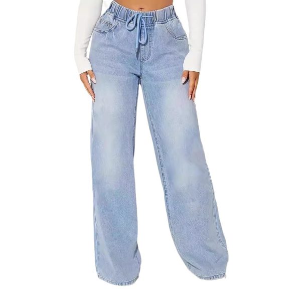 High Waist Drawstring Loose Wide Leg Light Blue Jeans - Image 3