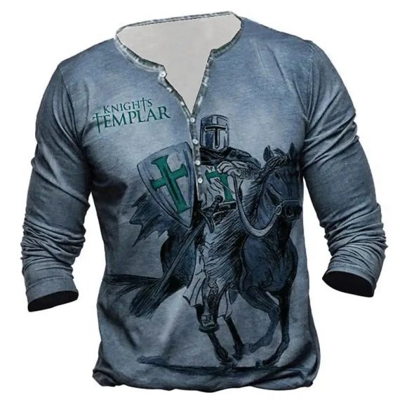 Open Placket Button Digital Printing Men's Long-sleeved T-shirt - Image 3
