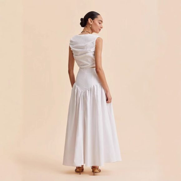 French White Stitching Clinch High Waist Dress - Image 3