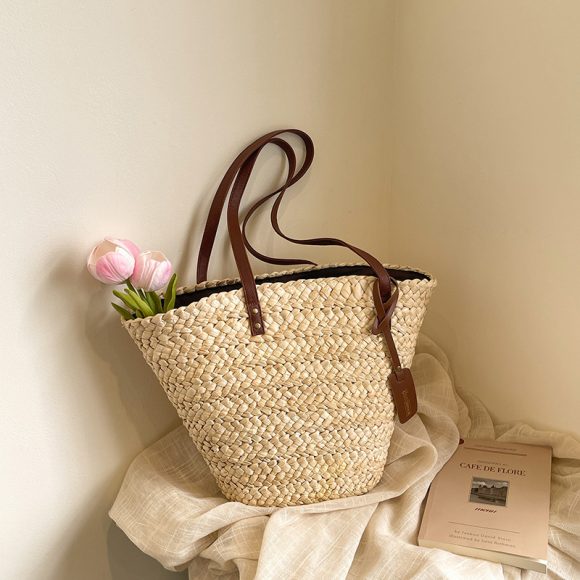 Large Capacity Straw Woven Bag Women's Woven Portable Vegetable Basket Bag - Image 4