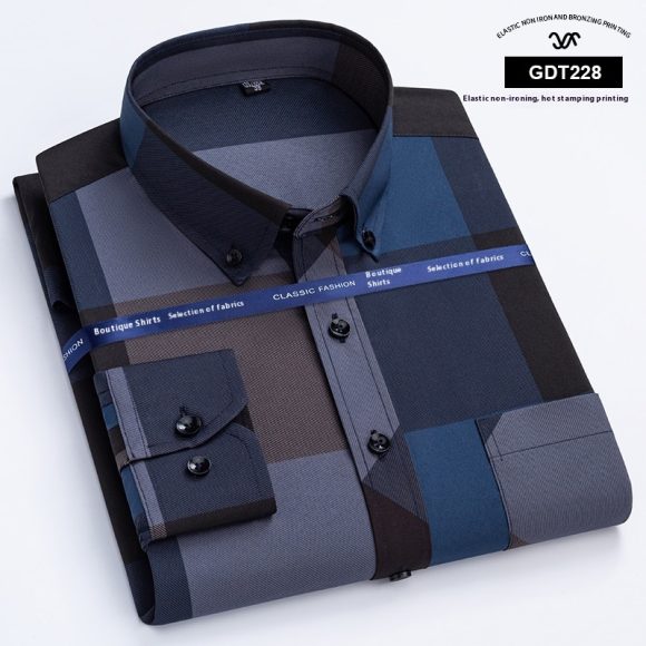 Middle-aged And Elderly Men's Non-ironing Anti-wrinkle Shirt Casual Bronzing Plaid Shirt - Image 4