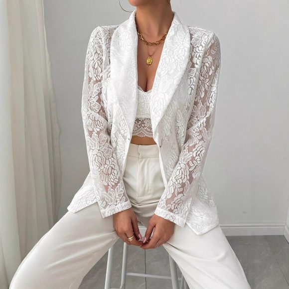 Lace Embroidery White Casual Blazer Women - Image 4