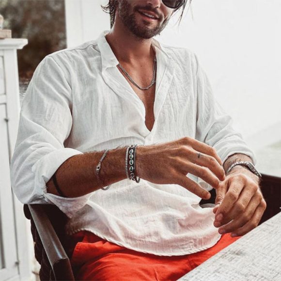 Men's Casual Stand-up Collar Door Barrel Solid Color Long-sleeved Shirt - Image 7