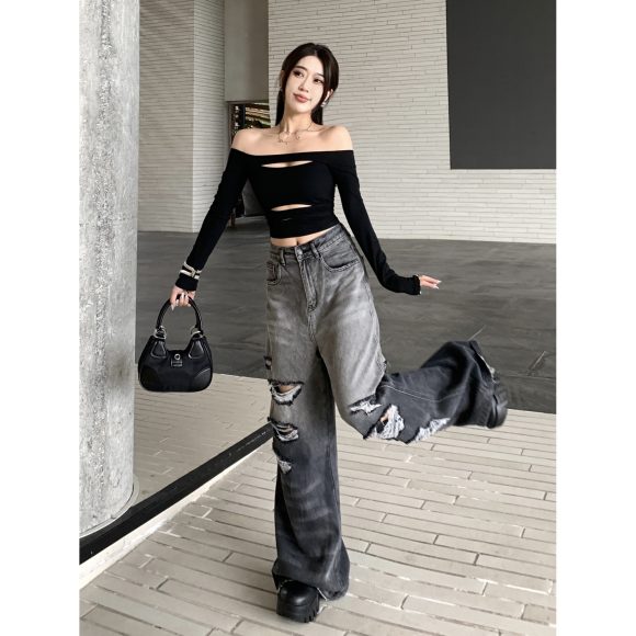 Gradient Color Big Ripped Hot Girl Wide Leg Jeans For Women - Image 2