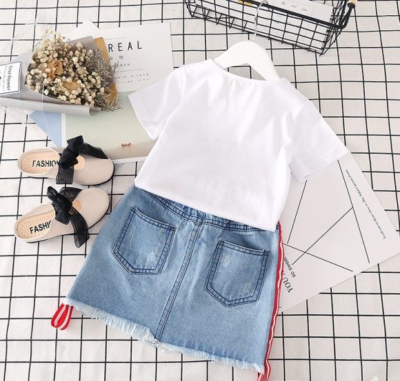 Kids Clothes White T-shirt Denim Skirt 2pcs Girls Suits - Image 5