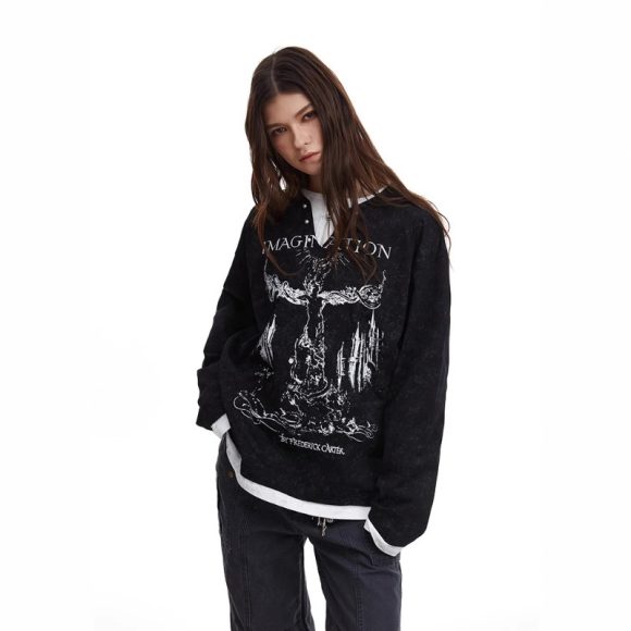 American Retro Punk Printed Pearl Buckle Fake Two-piece Long Sleeve - Image 4