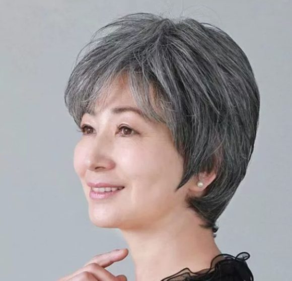 Women's Flower White Short Straight Top Old Flower White Mixed Human Hair Wigs