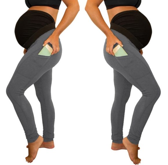 pure color panel long and high waist side pocket Maternity Pants - Image 5