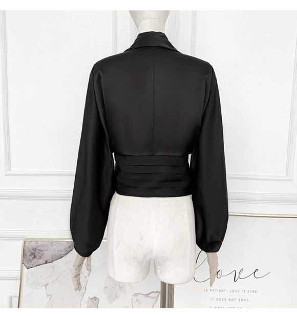 French Drape Low-cut Cinched Pleated Long Sleeve Shirt - Image 4