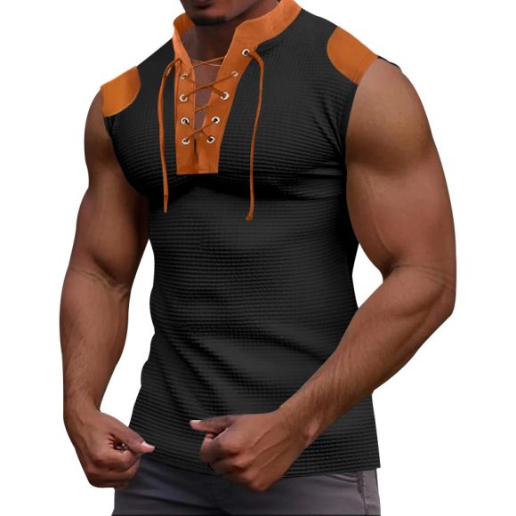 Casual Multicolor Lace-up V-neck Sleeveless T-shirt - Image 3