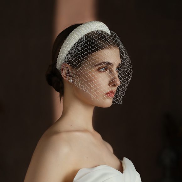 French Hepburn Style Bridal Veil White Vintage Beaded Large Meshed Net Mesh Headband - Image 3
