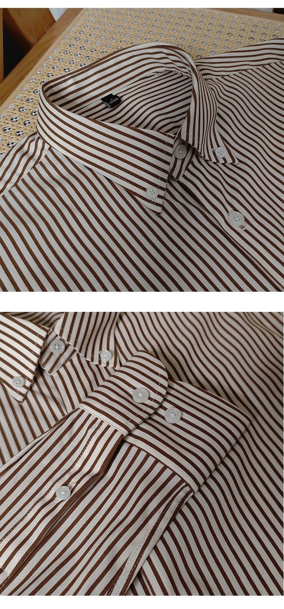Slim Fitting Coffee Striped Shirt For Men - Image 5