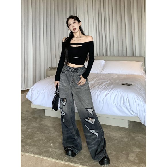 Gradient Color Big Ripped Hot Girl Wide Leg Jeans For Women - Image 7