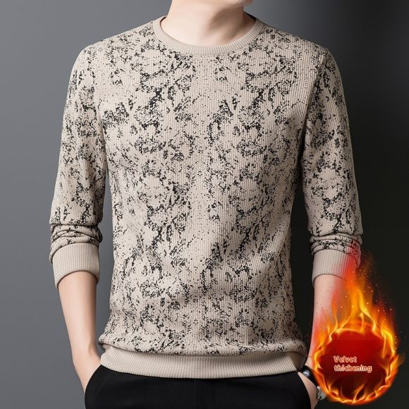 Men's Round Neck Printed Young And Middle-aged Long-sleeved Thickened Warm T-shirt - Image 7