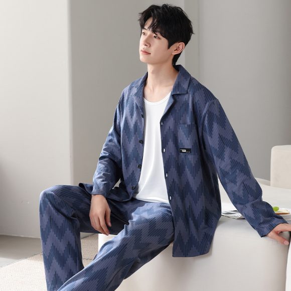 Men's Minimalist Pure Cotton Long Sleeved Home Suit Set - Image 9