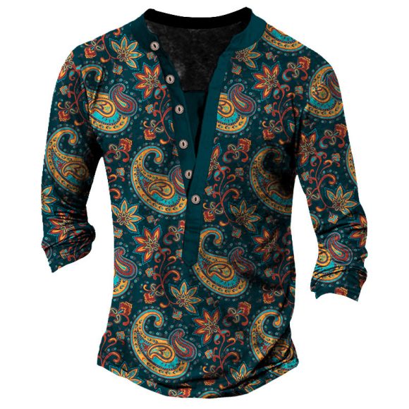 Printed Retro Fashion Casual Henry Neck Long Sleeves T-shirt - Image 8
