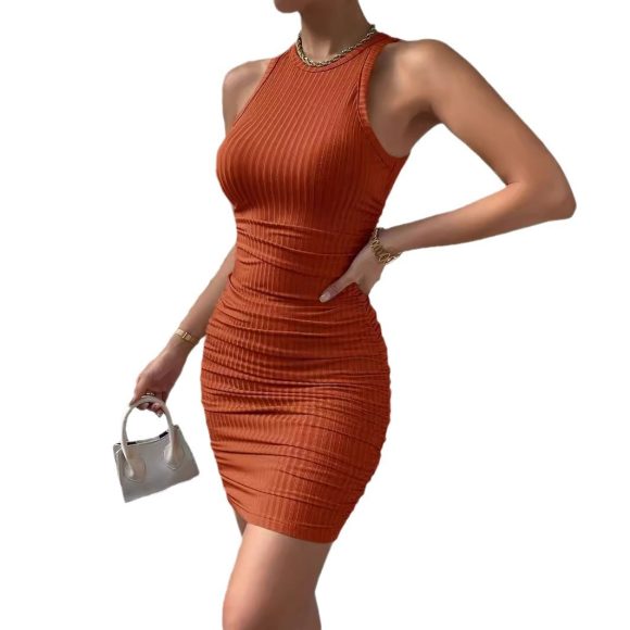 Sleeveless Round Neck Pleated Tight Elastic Short Skirt Party Hip Hugging Dress - Image 4