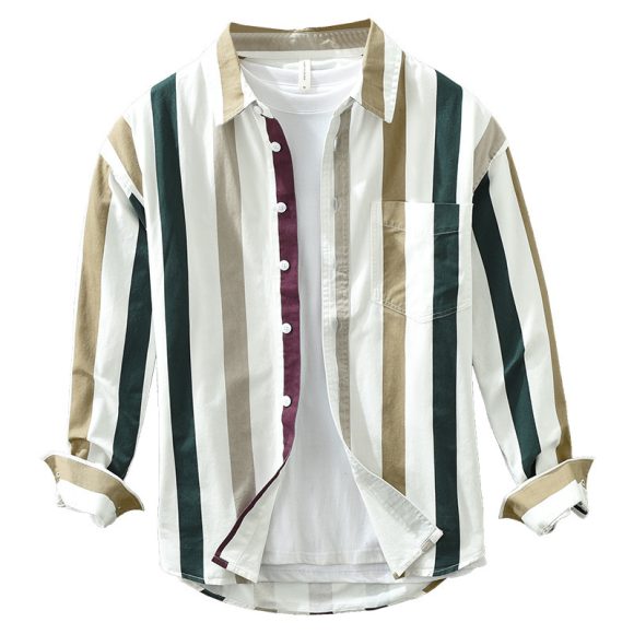 Striped Long Sleeve Shirt Men's Versatile Leisure Artistic Loose Square Collar Top - Image 5