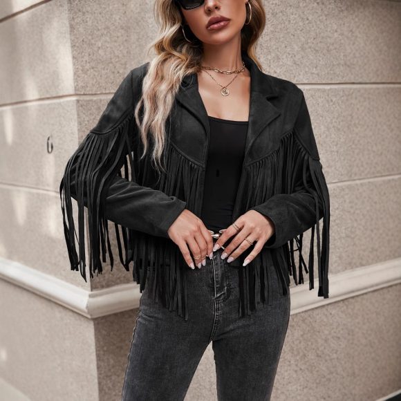 Women's Spring And Autumn Casual Fringe Regular Sleeve Lapel Regular Women's Everyday Jacket - Image 5