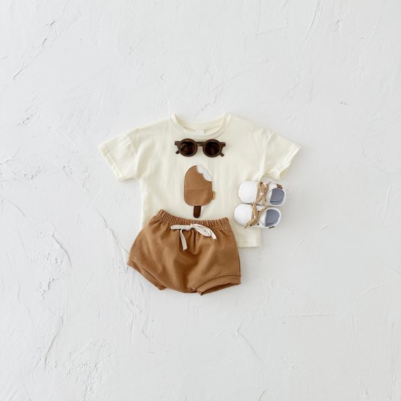 Girls' Casual Round Neck Cotton Ice Cream Patch Short Sleeve Shorts Suit - Image 4