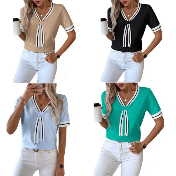 Women's Contrast Color V-neck Short Top Sweater - Image 2