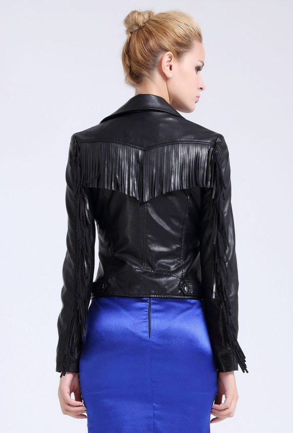 European And American Tassel Oblique Zipper Leather Women's Slim Coat Motorcycle Street - Image 4
