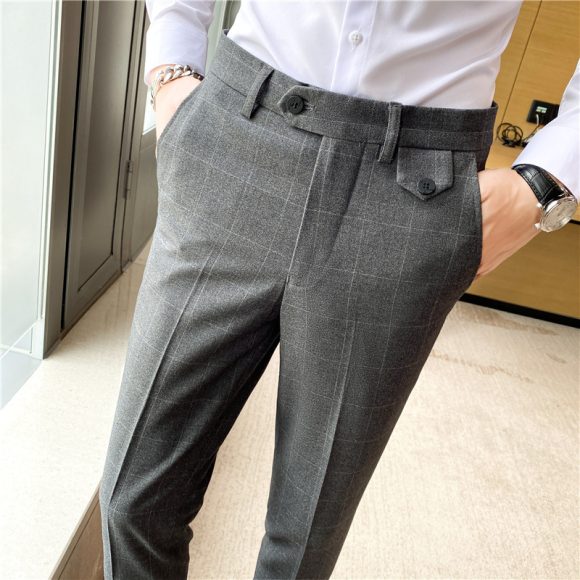 Korean Style British Classic Checkered Elegant Slim Fit Men's Best Man Pencil Pants Suit Pants - Image 8