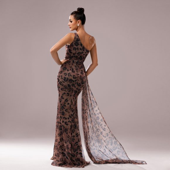 One-shoulder Diagonal Collar Leopard Sequined Evening Dress - Image 2