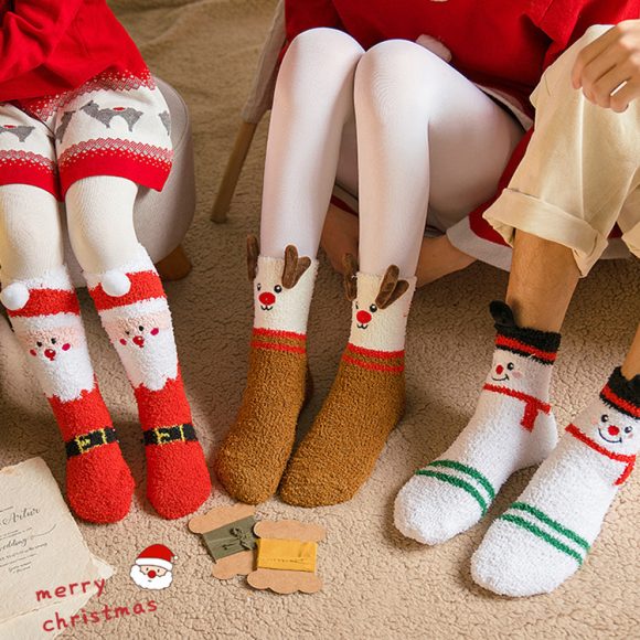 Child Christmas Socks Winter No-shedding Cute Elk Elk Santa Claus Snowman Sleeping Floor Coral Fleece Socks - Image 7
