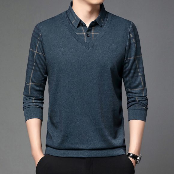 Fake Two-piece Lapel Long-sleeved Men's T-shirt - Image 5