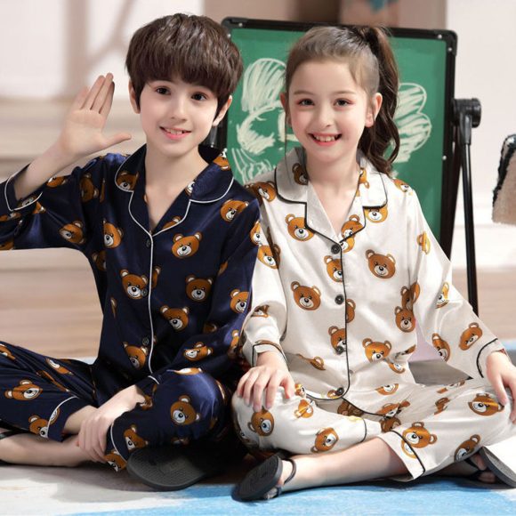 Long sleeve ice silk bear pajamas set for boys and girls - Image 3