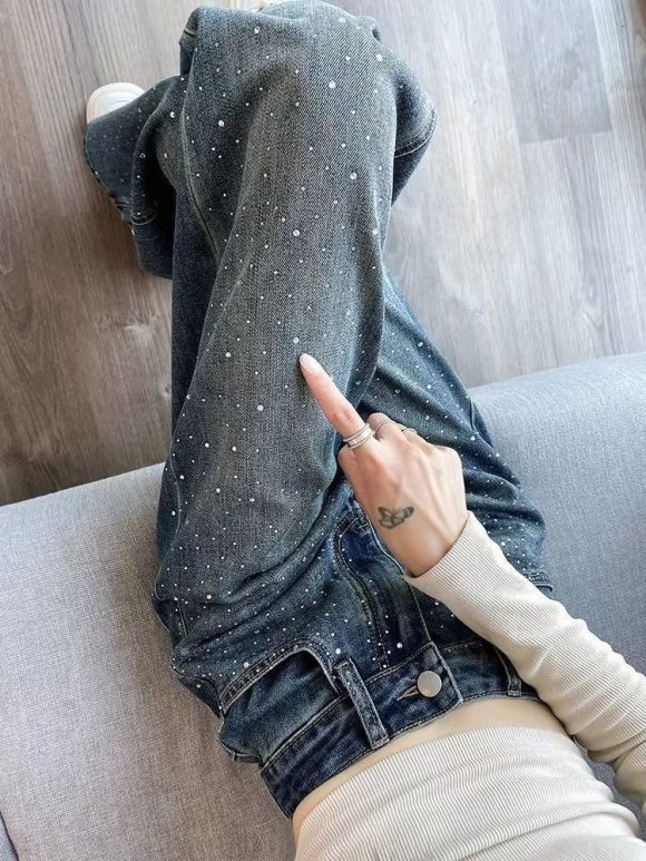 Korean Style Rhinestone High Waist Narrow Wide Leg Jeans - Image 3