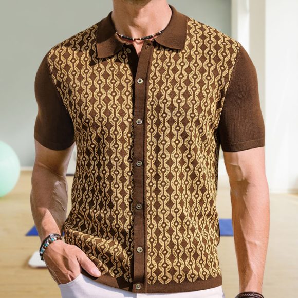 Summer Tencel Short-sleeved Sweater Lapel Jacquard Cardigan For Men - Image 8