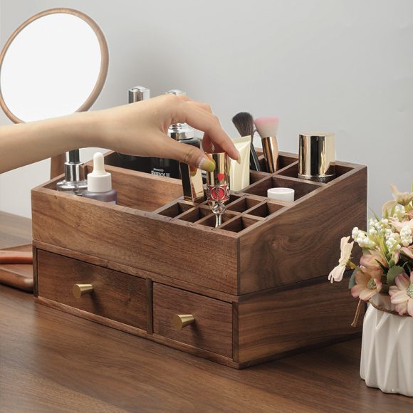 Solid Wood Cosmetics Storage Box Organizing Makeup Brush Drawer Rack - Image 2