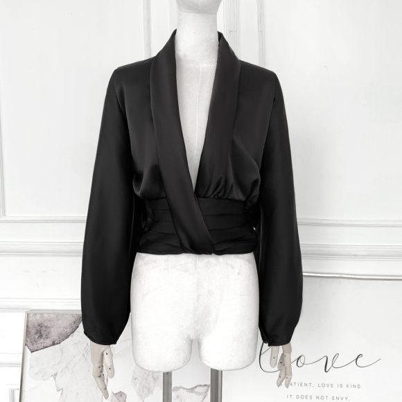 French Drape Low-cut Cinched Pleated Long Sleeve Shirt - Image 3