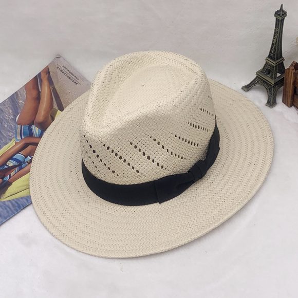 Striped Bow Flat-brimmed Jazz Straw Top Hat - Image 5