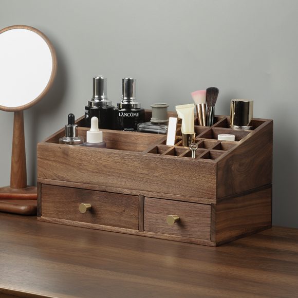 Solid Wood Cosmetics Storage Box Organizing Makeup Brush Drawer Rack - Image 5