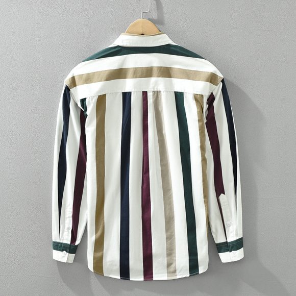 Striped Long Sleeve Shirt Men's Versatile Leisure Artistic Loose Square Collar Top - Image 2