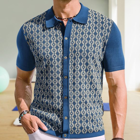 Summer Tencel Short-sleeved Sweater Lapel Jacquard Cardigan For Men - Image 7
