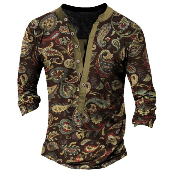 Printed Retro Fashion Casual Henry Neck Long Sleeves T-shirt - Image 5