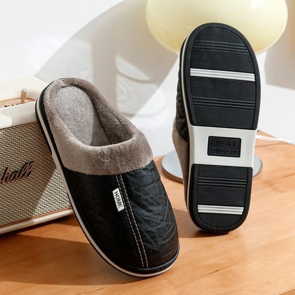 PU Leather Big Sizes Slippers Indoor Waterproof Fur Flat - Image 6