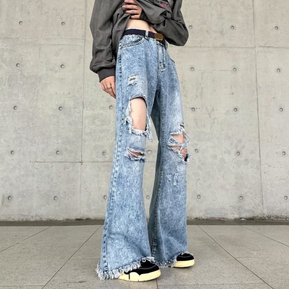 Retro Make Old Ripped Slim-fit Blue Jeans - Image 4