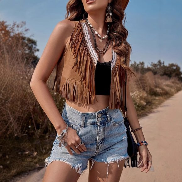 Women's Solid Color Short Vest Sleeveless Fringe Maillard Vest Cardigan - Image 3