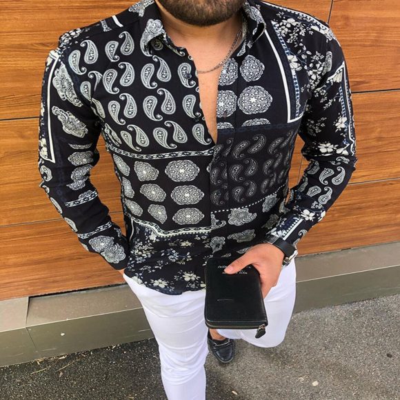 Printed Long Sleeve Slim Fit Men's Shirt - Image 9